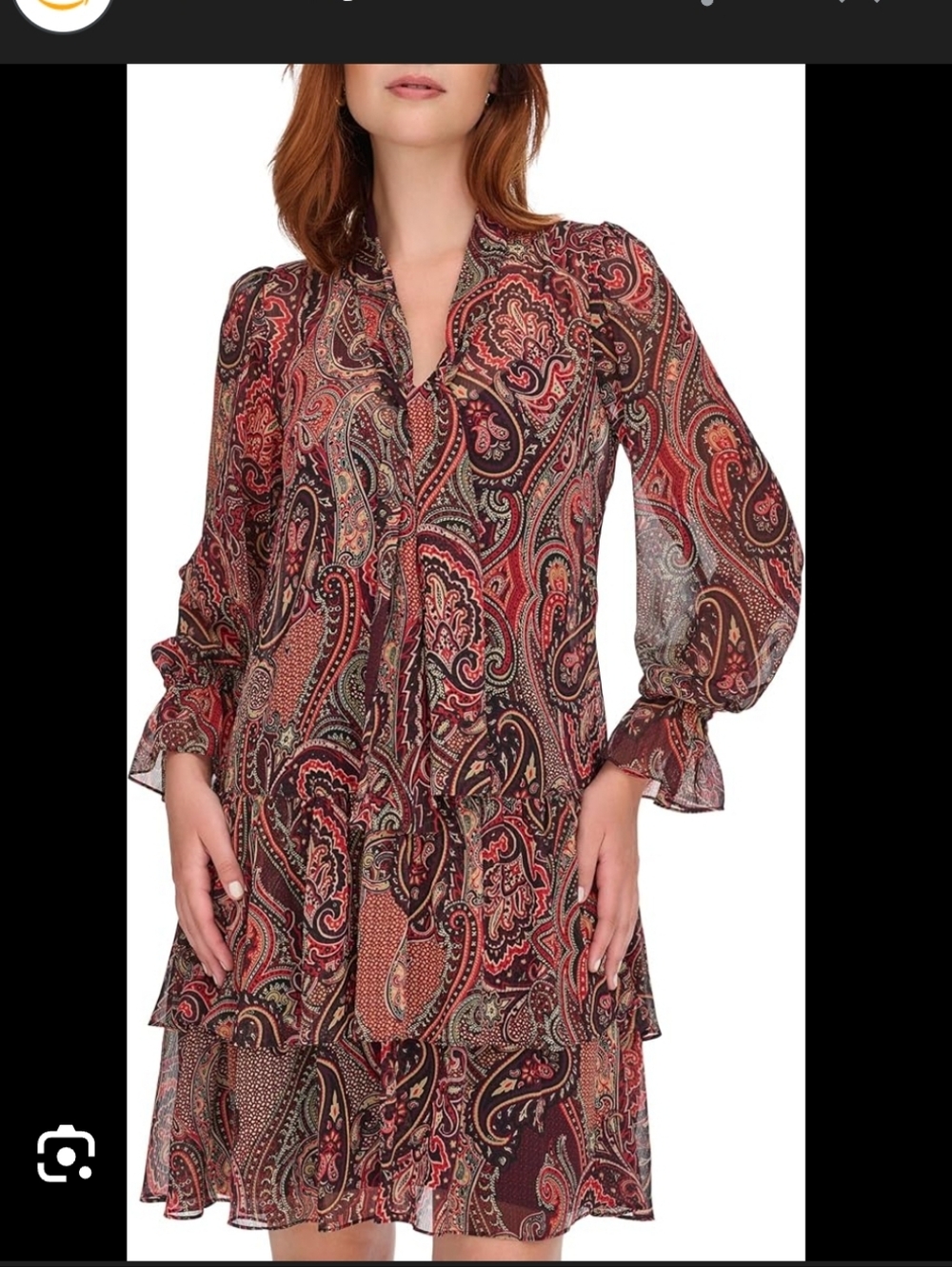 Tommy Hilfiger Paisley Dress 8P Petite Red Burgundy Tie Neck Ruffle Sleeve Boho